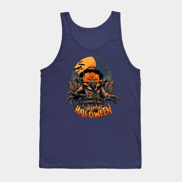 Happy Halloween Smiling Pumpkin ScareCrow Character Tank Top by sgmerchy